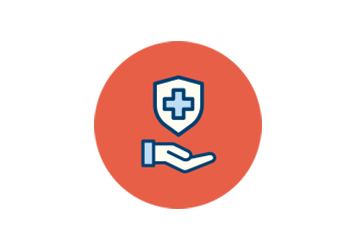 Orange circle with icon of a hand cupping a small shield with a medical plus sign