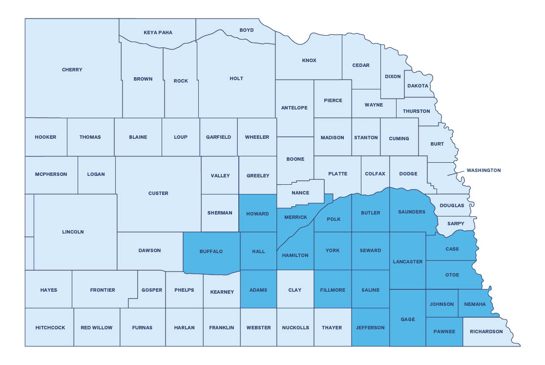 Image of Nebraska's county outlines. Eligible counties are in blue whereas ineligible counties are in gray.