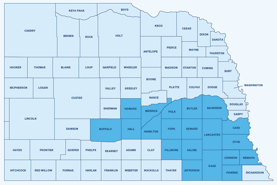 Image of Nebraska's county outlines. Eligible counties are in blue whereas ineligible counties are in gray.